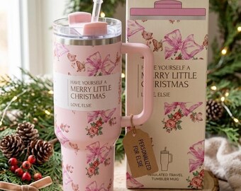 Pink Christmas 40oz Tumbler with Handle, Coquette Bow and Floral Holiday Travel Mug, Gift for Her, Cute Pastel Winter Stainless Steel Cup