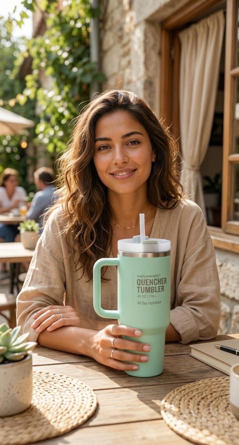 40 oz Quencher Tumbler with Handle and Straw | Mint Green Stainless Steel Travel Mug | Car Cup Holder Friendly Aesthetic Water Bottle bild 1