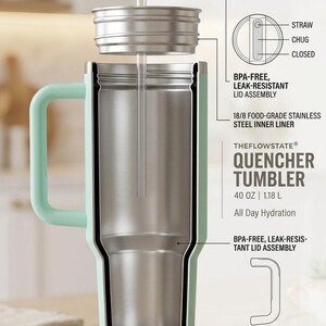 40 oz Quencher Tumbler with Handle and Straw | Mint Green Stainless Steel Travel Mug | Car Cup Holder Friendly Aesthetic Water Bottle bild 5