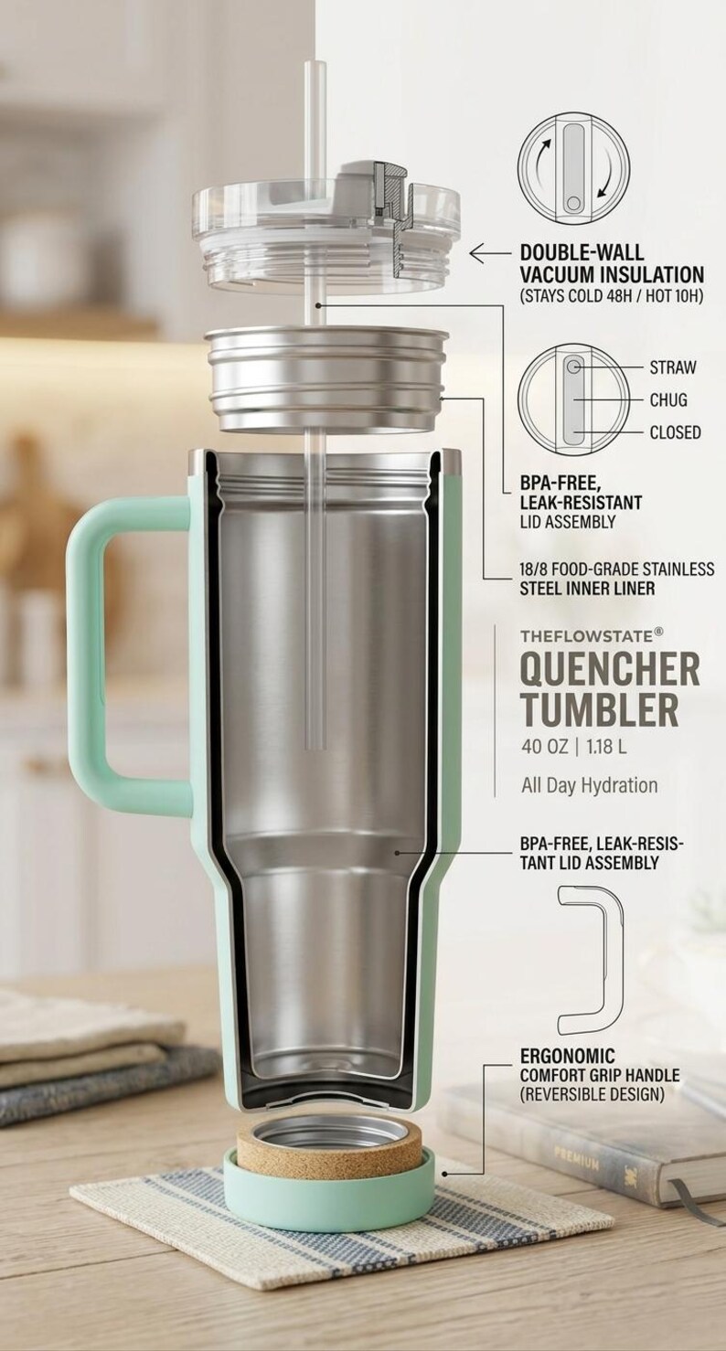 40 oz Quencher Tumbler with Handle and Straw | Mint Green Stainless Steel Travel Mug | Car Cup Holder Friendly Aesthetic Water Bottle bild 5