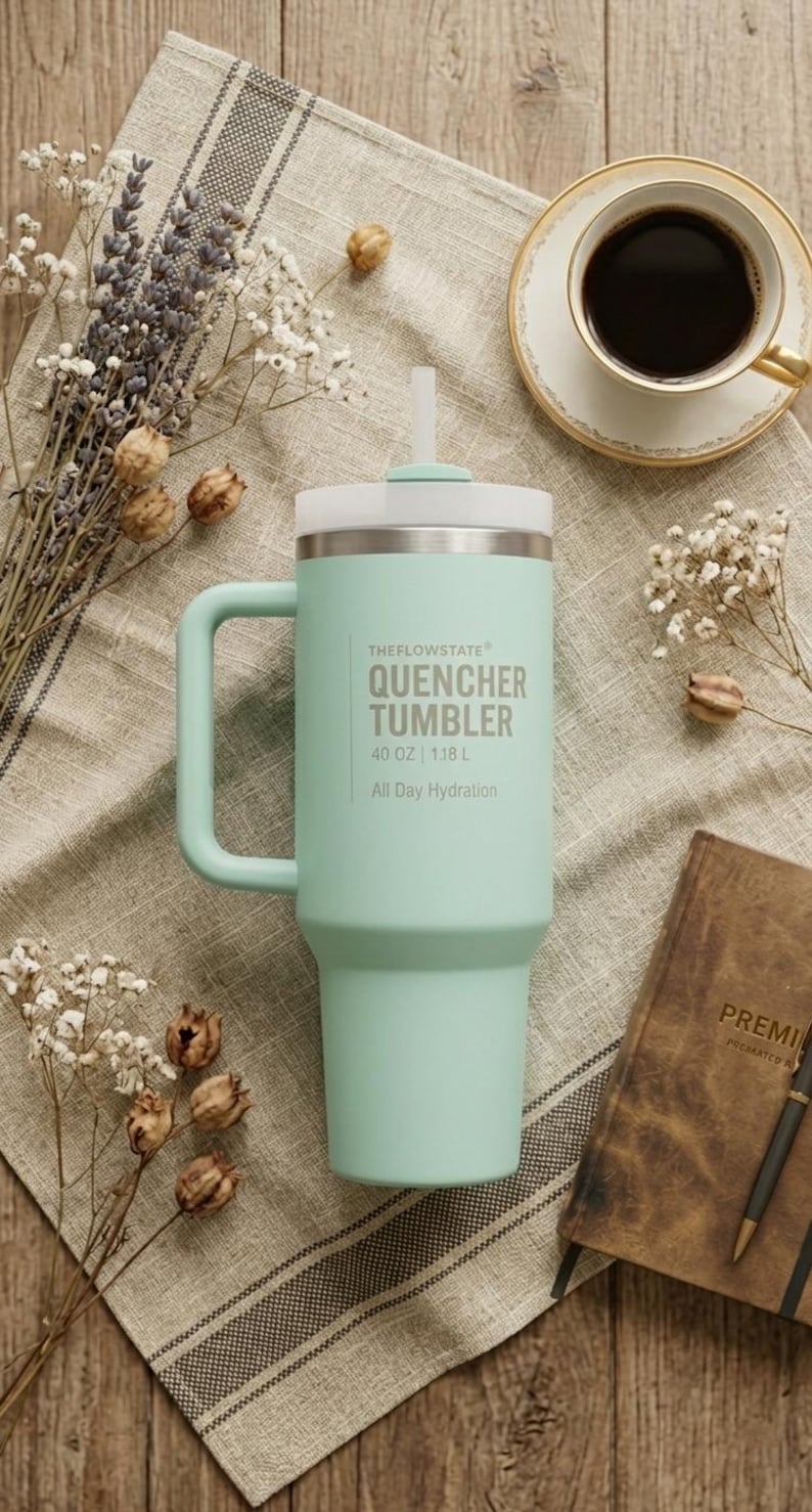 40 oz Quencher Tumbler with Handle and Straw | Mint Green Stainless Steel Travel Mug | Car Cup Holder Friendly Aesthetic Water Bottle bild 7