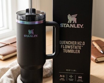 Matte Black Holographic Tumbler 40oz with Handle, Iridescent Laser Engraved Insulated Travel Mug, Chrome Custom Cup, Chroma Travel Tumbler