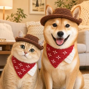 May include: A golden cat and a tan dog wearing matching brown crocheted hats and red triangular bandanas with white embroidered cross patterns. The bandanas feature a white crocheted border on one side, and the animals are positioned together.