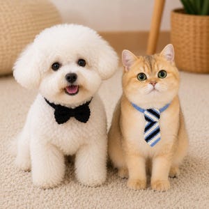 Puede incluir: Un perro blanco y esponjoso con un collar de pajarita negra de ganchillo y un gato dorado con un collar azul claro de ganchillo con una corbata de rayas diagonales en tonos azul, negro y blanco. Ambos animales están sentados juntos.