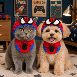 Spider Superhero Pet Hat & Bib Crochet Pattern, Cat and Small Dog Superhero Costume Pattern, DIY Pet Halloween Outfit PDF