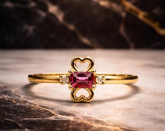 14K goud roze smaragd geslepen edelsteen hartring, minimalistische gouden sierlijke sieraden