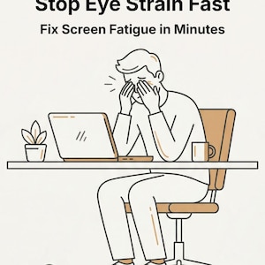 May include: Illustration of a person experiencing eye strain while working on a laptop. The image includes text that reads "Stop Eye Strain Fast, Fix Screen Fatigue in Minutes" and "Eye Strain Relief Guide". A digital download PDF is also mentioned.