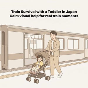 May include: Illustration of a person pushing a stroller with a toddler on a train platform. The image includes text that reads "Train Survival with a Toddler in Japan" and "Calm visual help for real train moments."