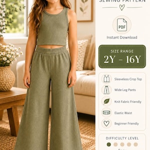 May include: A PDF sewing pattern for a sleeveless crop top and wide-leg trousers set in a sage green textured fabric. The pattern includes a size range of 2Y to 16Y, features an elastic waist, is knit fabric friendly, and is labelled as easy.