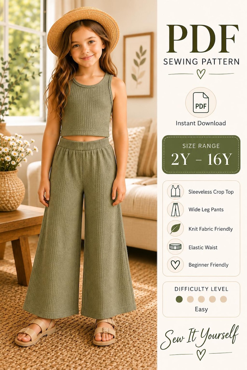 May include: A PDF sewing pattern for a sleeveless crop top and wide-leg trousers set in a sage green textured fabric. The pattern includes a size range of 2Y to 16Y, features an elastic waist, is knit fabric friendly, and is labelled as easy.
