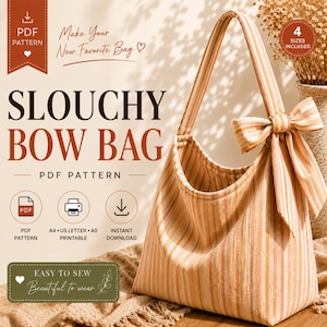 May include: A PDF sewing pattern for a slouchy bow bag featuring vertical stripes in shades of orange, cream, and brown. The pattern includes instructions for four sizes, printable on A4, US Letter, and A0 paper, with an instant download option.