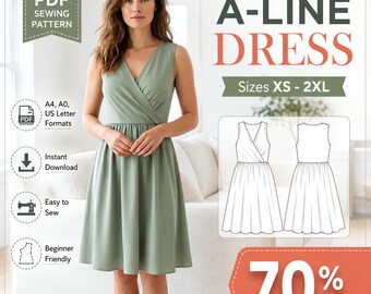 Casual A-Line Dress Sewing Pattern PDF, Floral Summer Dress, Midi Slip Dress, Linen Dress Pattern, Wrap V Neck, Digital Download