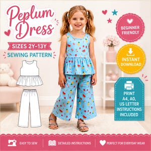 Op de afbeelding: Een naaipatroon voor een peplumtop en broekset in maten 2Y-13Y. De lichtblauwe mouwloze top en wijde broek hebben een kleurrijke fruitprint met ananassen en watermeloenpartjes. Inclusief instructies voor A4, A0 en US Letter afdrukken.