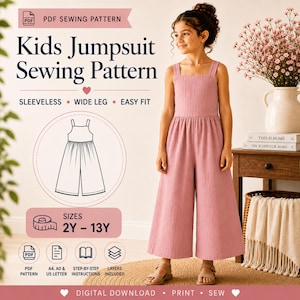 Może przedstawiać: Wzór krawiecki PDF na kombinezon dziecięcy z tekstem Kids Jumpsuit Sewing Pattern, Sleeveless, Wide Leg, Easy Fit oraz Sizes 2Y-13Y. Projekt zawiera rysunek liniowy odzieży oraz ikony dla PDF, A4, A0, US Letter i instrukcji.