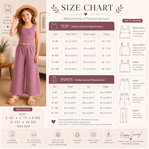 May include: A digital size chart for a ribbed purple two-piece set consisting of a crop top and wide-leg trousers. The chart includes detailed measurement tables for tops and trousers in centimetres and inches, along with instructions on how to measure.
