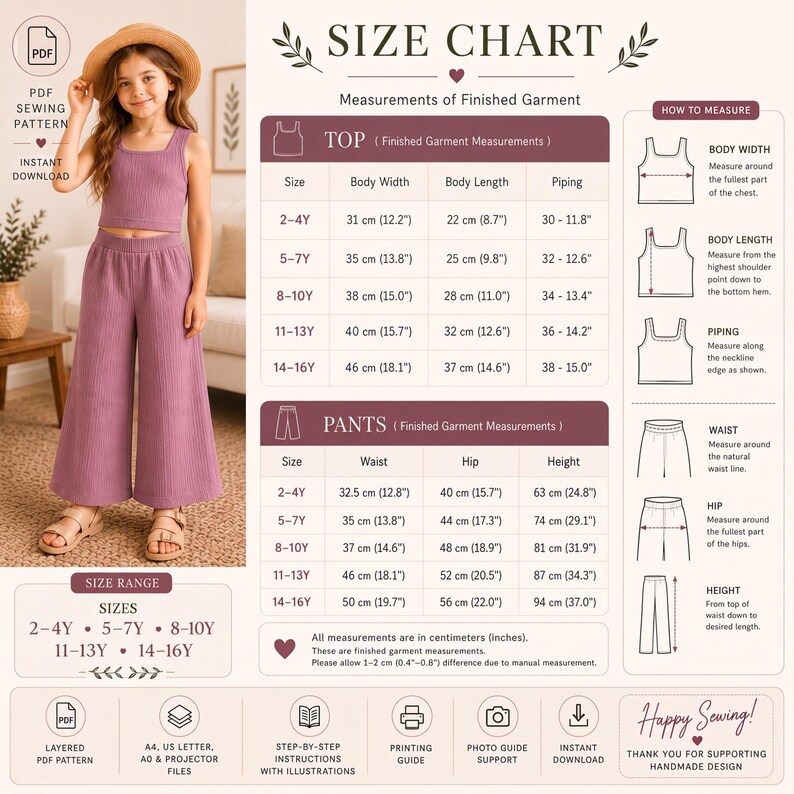 May include: A digital size chart for a ribbed purple two-piece set consisting of a crop top and wide-leg trousers. The chart includes detailed measurement tables for tops and trousers in centimetres and inches, along with instructions on how to measure.