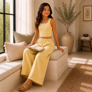May include: A light yellow ribbed tank top and matching wide-leg trousers set. The tank top features a scoop neckline and a cropped length, while the trousers have a high-waisted fit. The outfit is worn with tan strappy sandals.