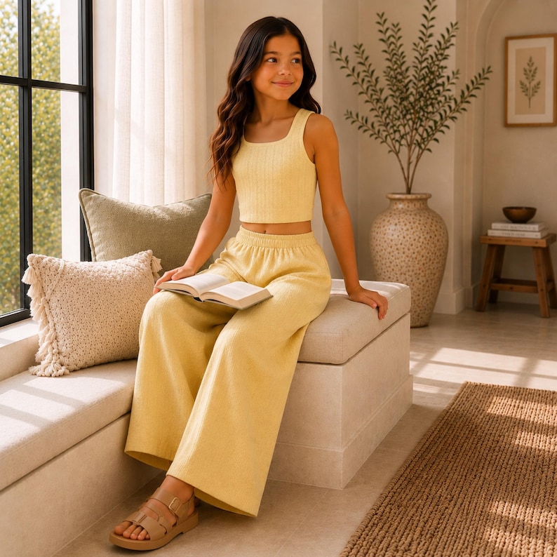 May include: A light yellow ribbed tank top and matching wide-leg trousers set. The tank top features a scoop neckline and a cropped length, while the trousers have a high-waisted fit. The outfit is worn with tan strappy sandals.