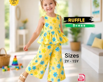 Cartamodello PDF per completo da bambina con top e pantaloni a balze / Abito svasato da bambina / Completo stile tutina per bambini / Vestiti estivi fai da te