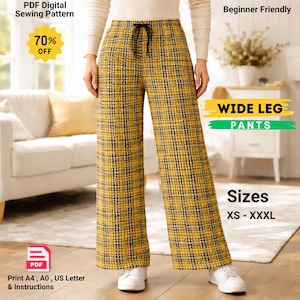 Op de afbeelding: Geel en zwart geruite broek met wijde pijpen en een tailleband met trekkoord. De afbeelding bevat de tekst "PDF Digital Sewing Pattern", "Beginner Friendly", "70% OFF", "WIDE LEG PANTS" en "Maten XS-XXXL".