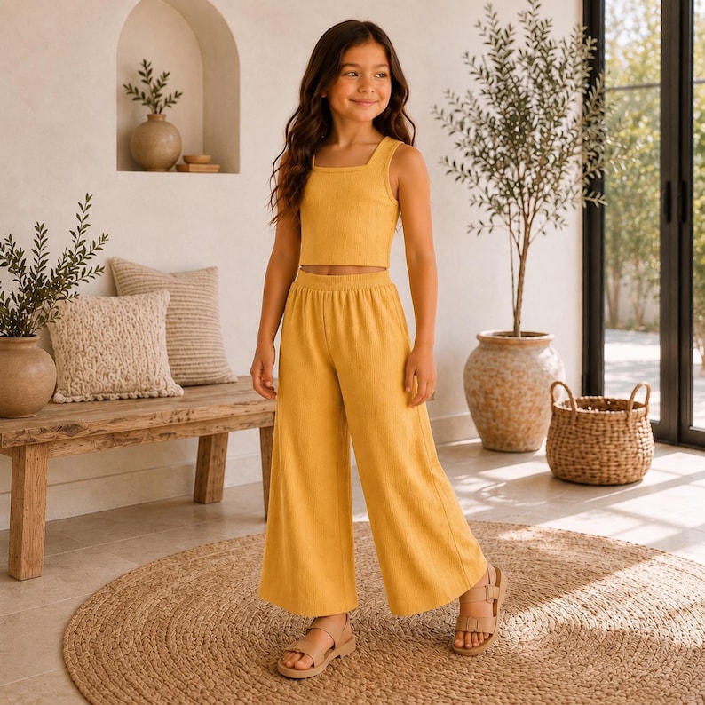 May include: A mustard yellow two-piece set consisting of a sleeveless ribbed crop top with a square neckline and matching wide-leg trousers. The outfit is made of a textured fabric and is paired with simple beige strappy sandals.