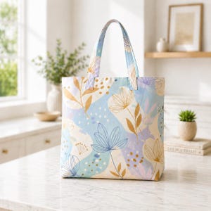 May include: A floral patterned tote bag with a light blue background, featuring gold, white, and blue flower and leaf designs. The bag has matching handles and is made of fabric. The tote bag is sitting on a white surface.