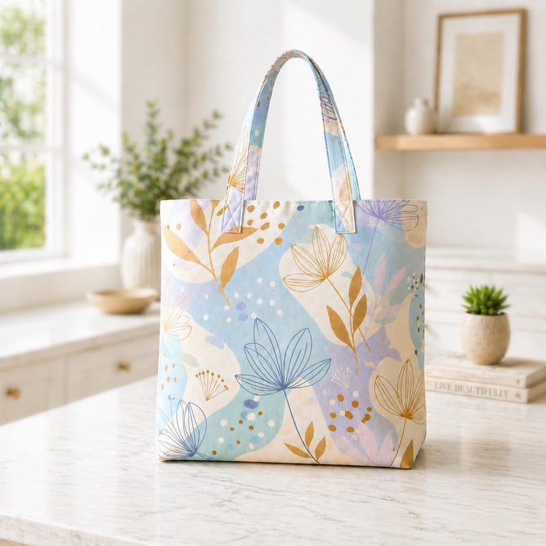 May include: A floral patterned tote bag with a light blue background, featuring gold, white, and blue flower and leaf designs. The bag has matching handles and is made of fabric. The tote bag is sitting on a white surface.