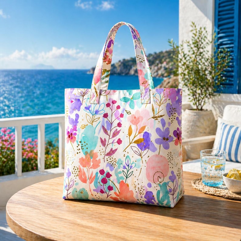 May include: A floral tote bag with a white background and colorful flowers in shades of pink, purple, and teal. The bag has matching handles and is sitting on a wooden table. The background features a blue ocean and sky.