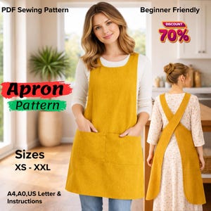May include: A woman wearing a mustard yellow apron with two large front pockets. The apron is part of a PDF sewing pattern, beginner-friendly, and available in sizes XS-XXL. Text on the image includes "Apron Pattern" and a 70% discount.