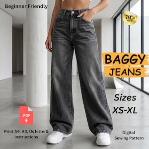 May include: A digital sewing pattern for baggy jeans in sizes XS-XL. The image features text including Beginner Friendly, 70% OFF, BAGGY JEANS, Sizes XS-XL, .PDF, and Print A4, A0, US letter & Instructions. The jeans are charcoal gray with a high waist.