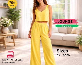 Linen Lounge Set Sewing Pattern, Top and Pants Pattern Bundle, Wide Leg Pants Sewing Pattern, Crop Top Pattern, Digital PDF
