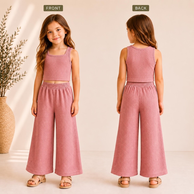 May include: A two-piece set consisting of a mauve waffle-knit tank top and matching wide-leg trousers. The top features a square neckline and a cropped length, while the trousers have an elasticated waistband and a loose, flowing silhouette.
