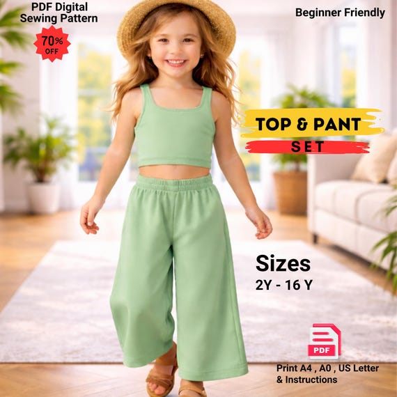 Girls Summer Set Sewing Pattern PDF | Kids Top and Pants Pattern | Beginner Sewing Pattern | DIY Outfit Instant Download