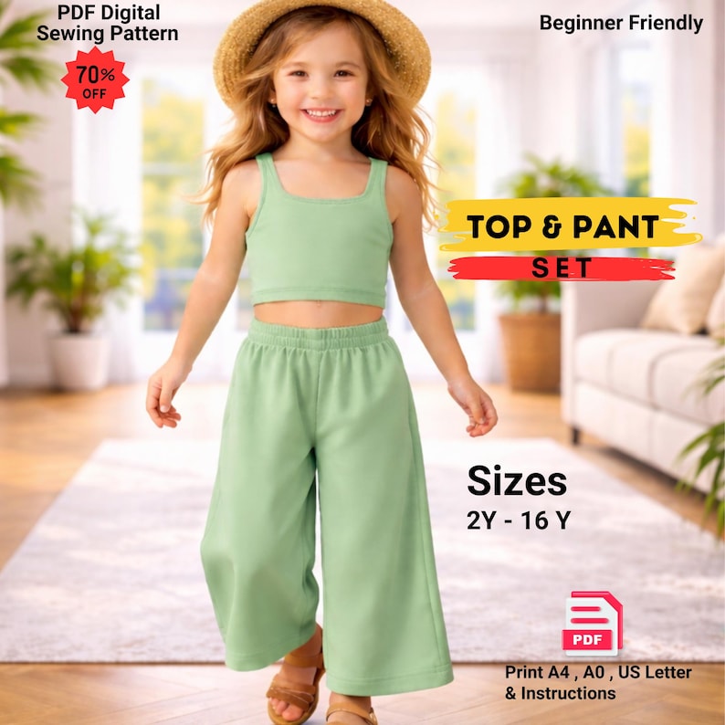 May include: A light green two-piece set consisting of a sleeveless crop top and wide-leg trousers. The image includes text: PDF Digital Sewing Pattern, Beginner Friendly, TOP & PANT SET, Sizes 2Y - 16 Y, Print A4, A0, US Letter & Instructions.