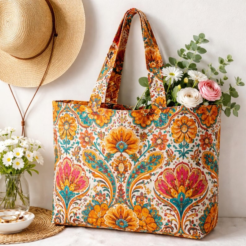 May include: A large tote bag with a vibrant floral pattern in orange, teal, and pink. The bag is filled with flowers and has matching handles. A straw hat hangs on the wall behind the bag, and a vase of flowers sits to the left.