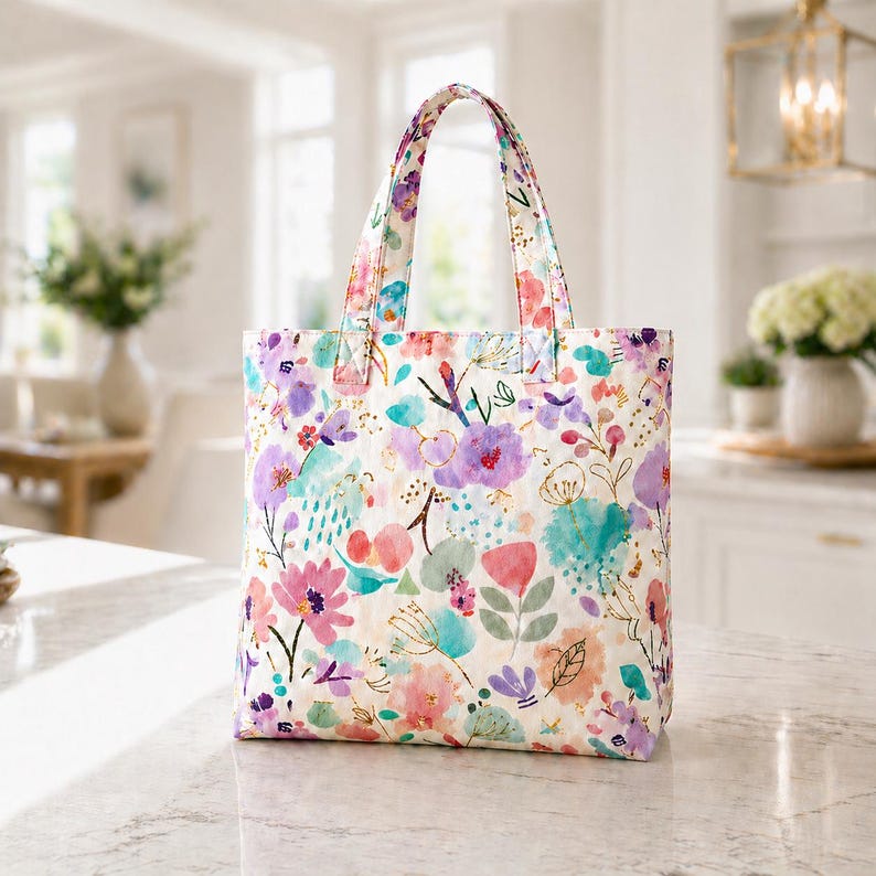 May include: A floral tote bag with a white background and colorful watercolor flowers in shades of pink, purple, and teal. The bag has matching handles and is sitting on a marble countertop.