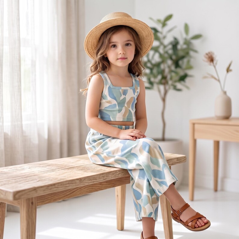 May include: A two-piece ribbed set consisting of a sleeveless crop top and wide-leg trousers, featuring an abstract pattern in shades of blue, beige, and white. The outfit is paired with a straw hat and brown leather sandals with buckle straps.