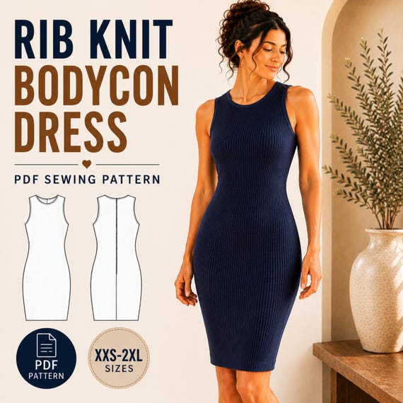 xxs bodycon dress Rib Knit Sewing Pattern PDF, Sleeveless Boat Neck Knit Dress Pattern, Women's Bodycon Dress, XXS-2XL Digital Download Suitable For Height:120cm (5T) 4-5 YEARS Crafted in Italy from closet_29175 Bodycon Dress Faux Leather