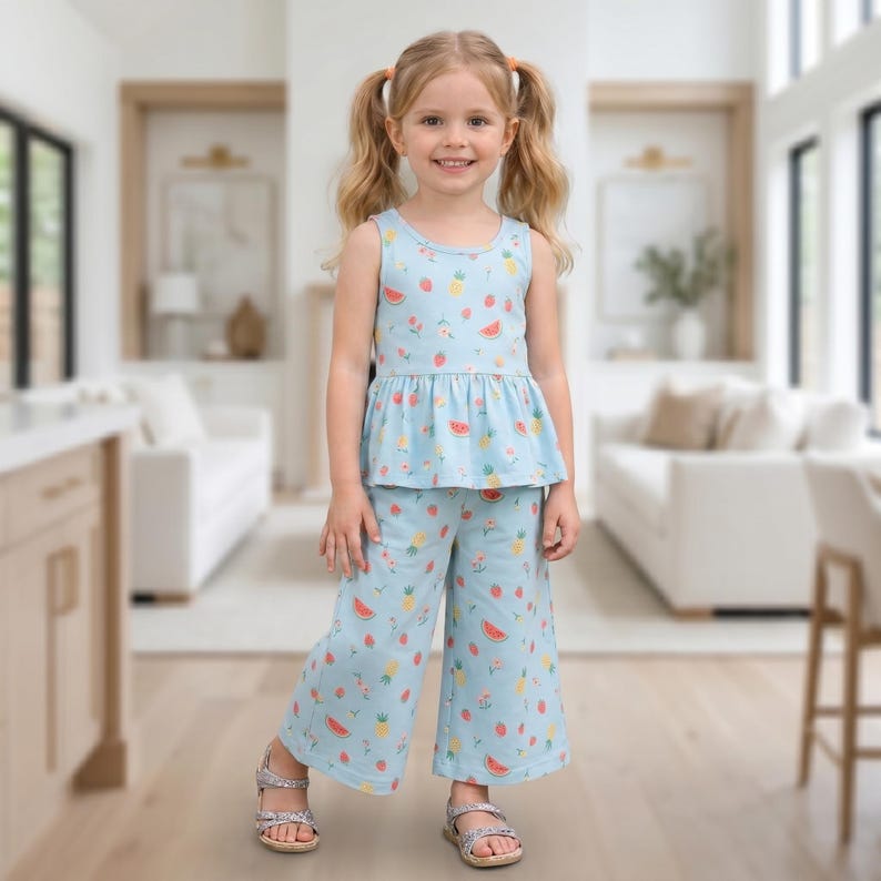 Op de afbeelding: Een lichtblauwe mouwloze peplumtop en bijpassende broek met wijde pijpen, voorzien van een all-over print van kleine ananassen, watermeloenpartjes en aardbeien. De outfit wordt gedragen met zilverkleurige metallic sandaaltjes met glitters.