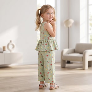 Op de afbeelding: Een lichtgroene mouwloze peplumtop en bijpassende broek met wijde pijpen, voorzien van een all-over fruitprint met rode watermeloenpartjes, gele citroenpartjes en rode kersen. De outfit wordt gecombineerd met eenvoudige metallic sandalen met bandjes.