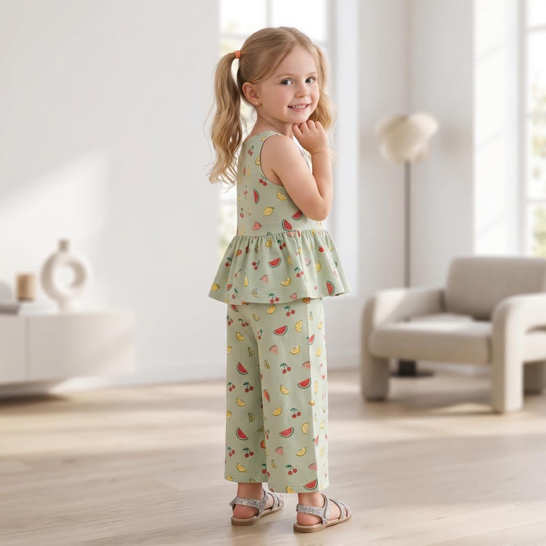 Op de afbeelding: Een lichtgroene mouwloze peplumtop en bijpassende broek met wijde pijpen, voorzien van een all-over fruitprint met rode watermeloenpartjes, gele citroenpartjes en rode kersen. De outfit wordt gecombineerd met eenvoudige metallic sandalen met bandjes.