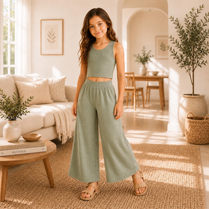 May include: A sage green two-piece set consisting of a sleeveless ribbed crop top and matching wide-leg trousers. The outfit features a consistent vertical ribbed texture throughout, paired with light tan open-toe sandals with double straps.