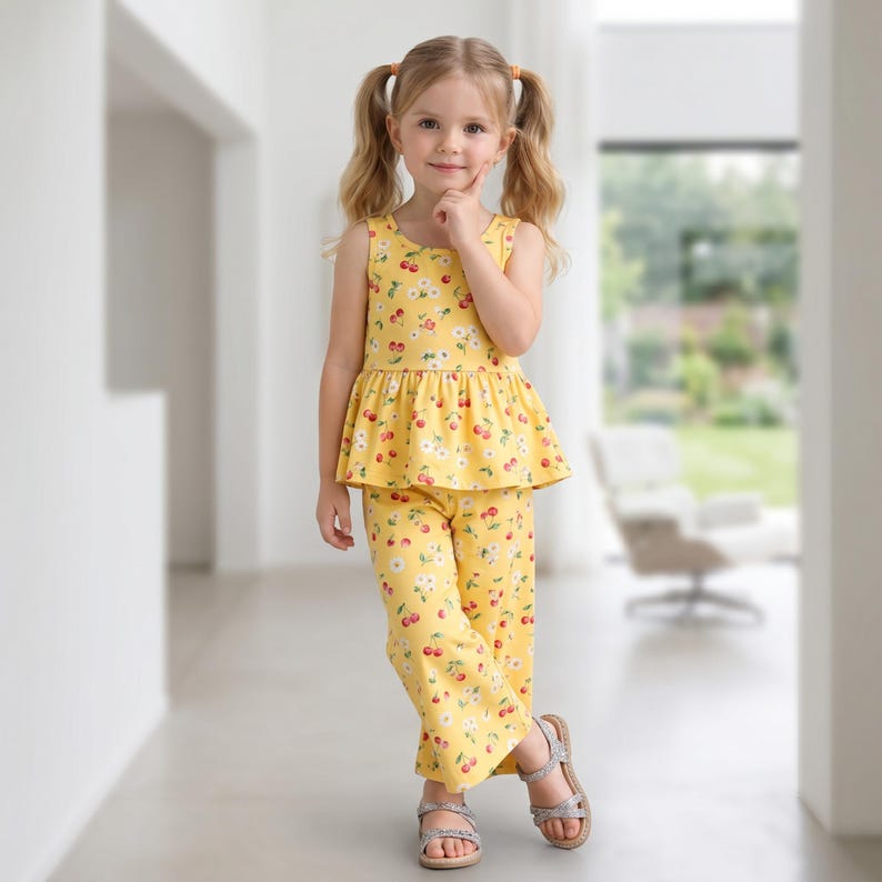 Op de afbeelding: Een gele mouwloze peplumtop en bijpassende broek met wijde pijpen, voorzien van een herhalend patroon van kleine rode kersen en witte madeliefjes. De outfit wordt gedragen met zilverkleurige sandalen met bandjes en een gespsluiting.