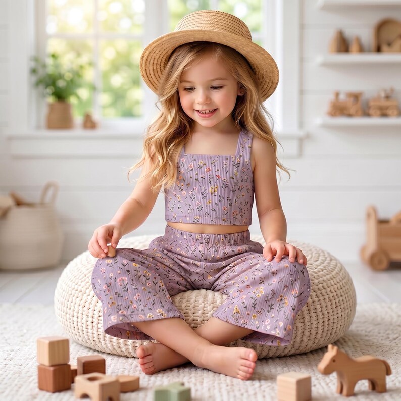 May include: A two-piece outfit consisting of a sleeveless crop top and wide-leg trousers in a light purple fabric with a delicate floral pattern. The set is paired with a wide-brimmed straw hat featuring a natural tan colour and a woven texture.