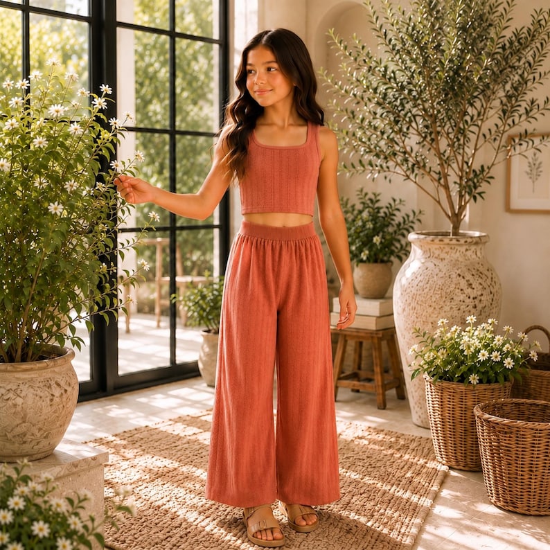 May include: A two-piece set consisting of a sleeveless, ribbed crop top and matching wide-leg trousers in a solid terracotta colour. The garment features a vertical textured pattern throughout, with a simple scoop neckline and a high-waisted fit.