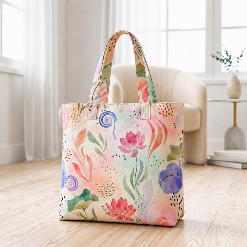 May include: A floral tote bag with a watercolor design. The bag features a repeating pattern of pink lotus flowers, green leaves, and blue swirls on a cream background. The handles are the same pattern. The bag is sitting on a wooden floor.