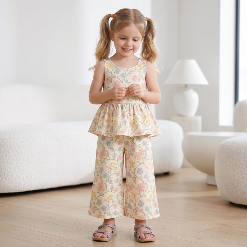Op de afbeelding: Een tweedelige outfit bestaande uit een mouwloze peplumtop en een wijde broek, beide met een cr&egrave;mekleurige basis en een herhalend bloemenpatroon in zachte tinten roze, blauw en geel, gecombineerd met eenvoudige grijze sandalen met bandjes.