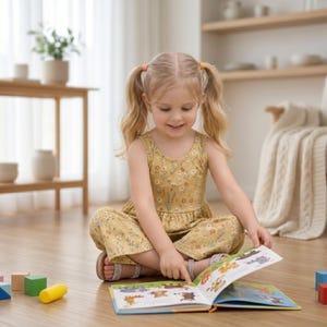 Op de afbeelding: Een mosterdgele mouwloze jumpsuit met een wit en bruin bloemenpatroon, gedragen door een kind met blond haar in staartjes, dat op de vloer zit en naar een open ge&iuml;llustreerd boek met kleurrijke dierentekeningen wijst.