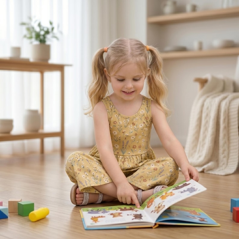 Op de afbeelding: Een mosterdgele mouwloze jumpsuit met een wit en bruin bloemenpatroon, gedragen door een kind met blond haar in staartjes, dat op de vloer zit en naar een open ge&iuml;llustreerd boek met kleurrijke dierentekeningen wijst.