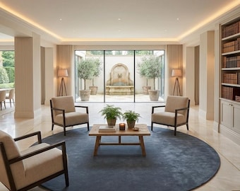Tapete redondo azul marinho, tapete de área de cor sólida feito à mão, tapete minimalista de luxo, tapete circular moderno de lã, decoração para sala de estar